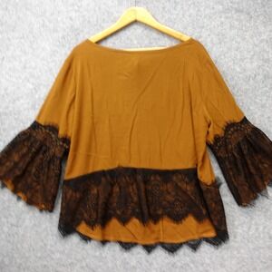 Bell Sleeve Italian Blouse Womens L Brown Chantilly Eyelash Lace Mustard Boho